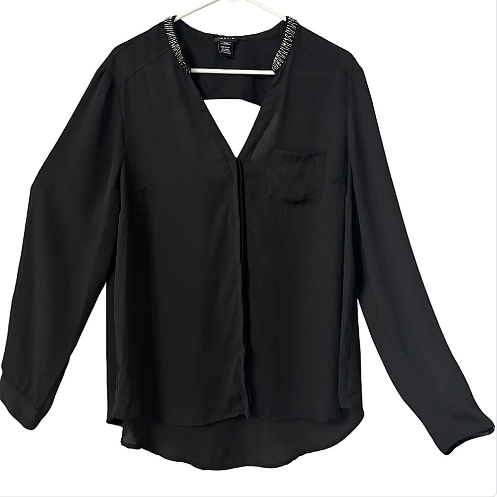 Torrid Black Semi Sheer Blouse Cutout Back LS Embellished Women’s Size 1X